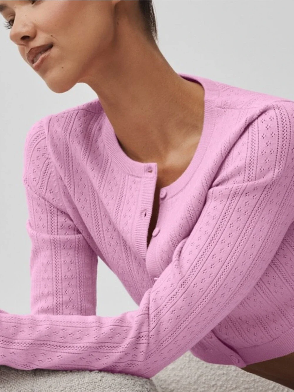 ALO Yoga Pointelle Sweater Be Mine Cardigan Candy Heart Pink Size XS